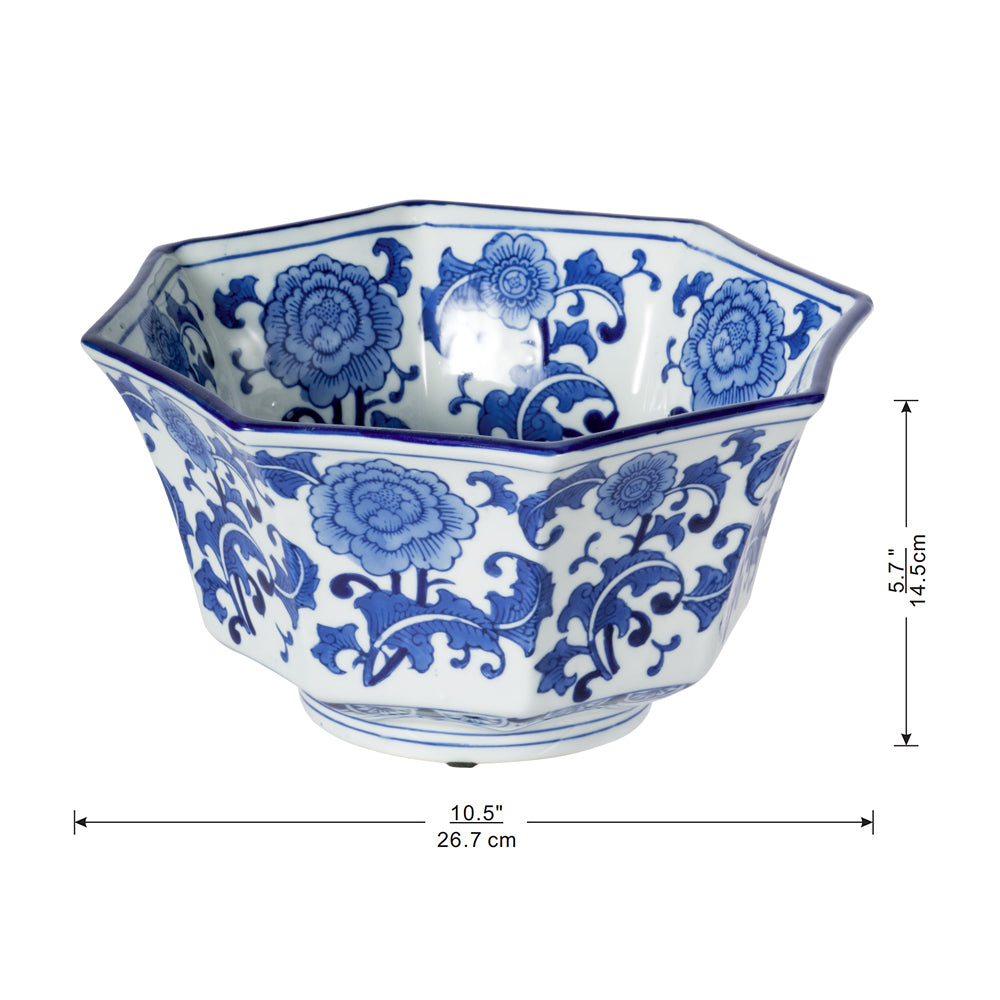 Blue and White Decorative Bowl - Porcelain, Elegant Design with dimensions 10.5x10.5x5.7 inches shown for product sizing reference.