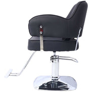 Right side view of black Hair Salon Chair with wide cushioned seat and chrome hydraulic lift for adjustable styling.