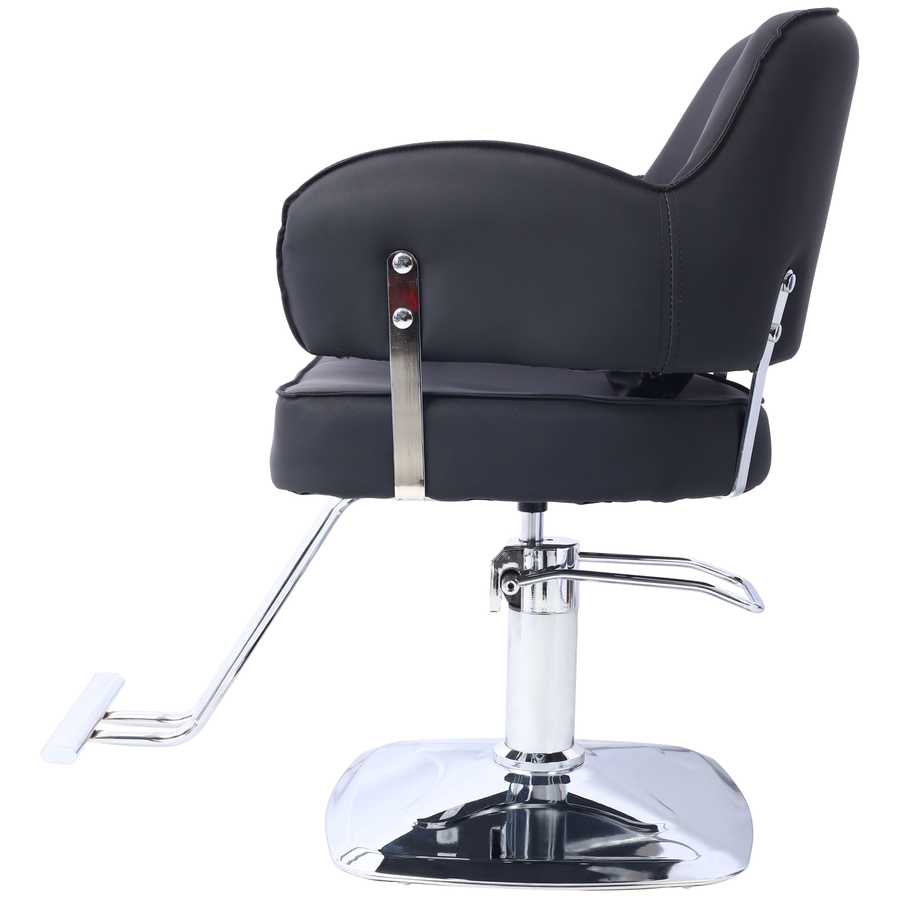 Right side view of black Hair Salon Chair with wide cushioned seat and chrome hydraulic lift for adjustable styling.