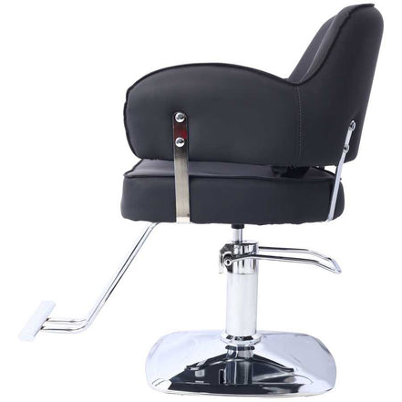 Right side view of black Hair Salon Chair with wide cushioned seat and chrome hydraulic lift for adjustable styling.
