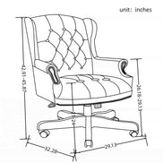 Line drawing of an office chair with dimensions labeled in inches