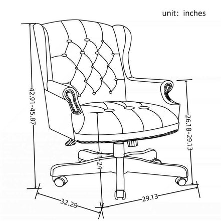Line drawing of an office chair with dimensions labeled in inches