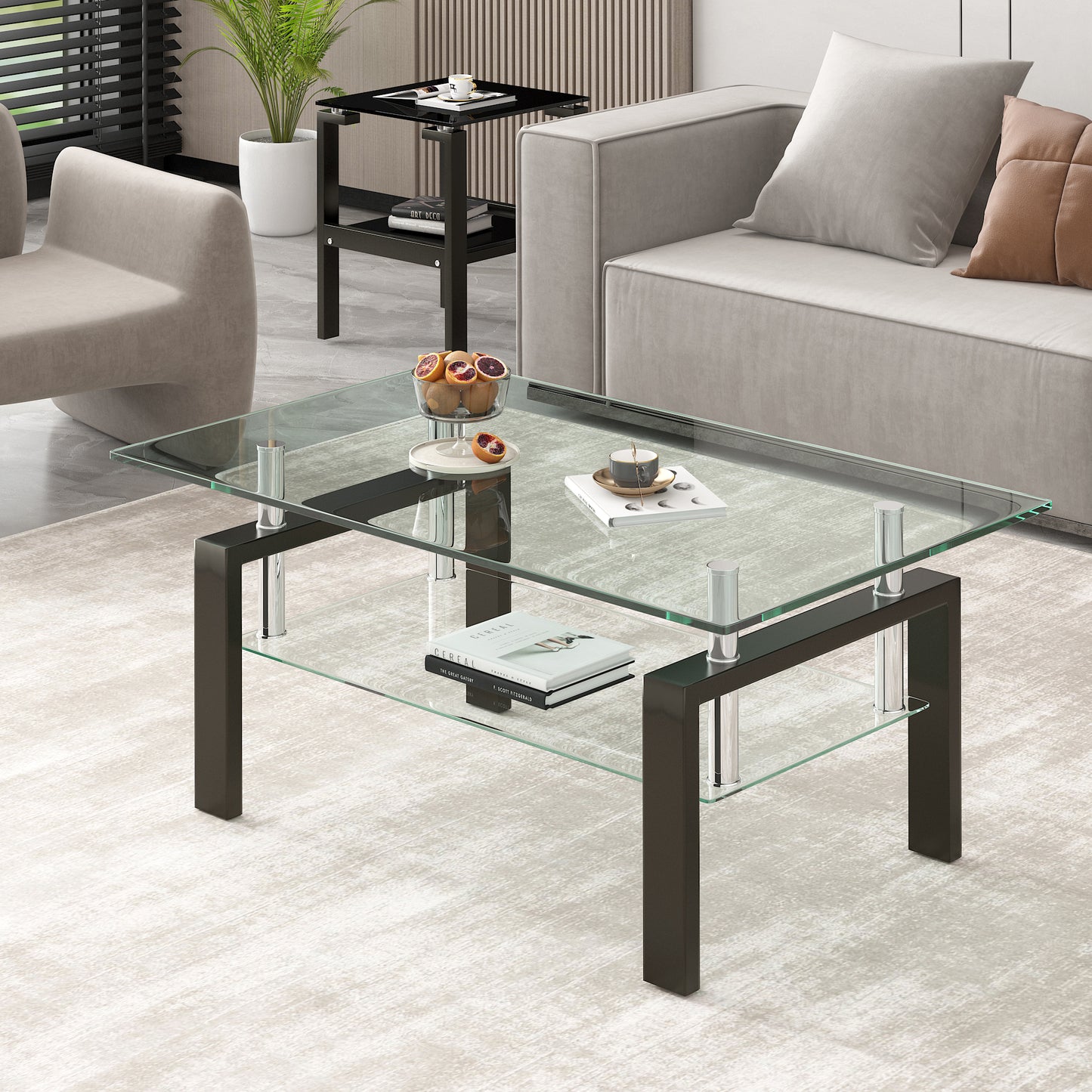 Modern Tempered Clear Glass Coffee Table with 2-Layers and Waterfall Edges for Living Room