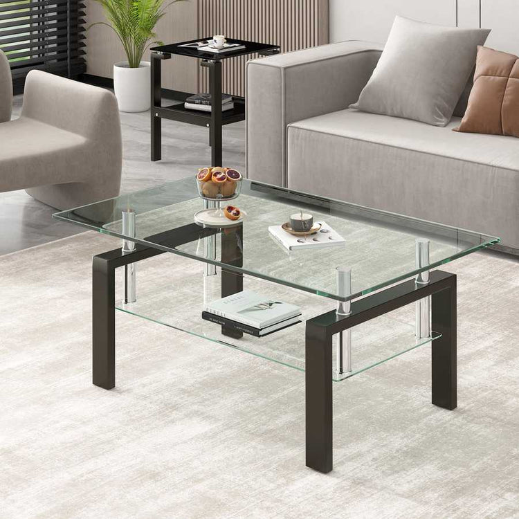 Modern Tempered Clear Glass Coffee Table with 2-Layers and Waterfall Edges for Living Room