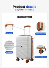 Orange and white 20-inch luggage with TSA lock, silent spinner wheels, and telescopic handle for travel convenience.