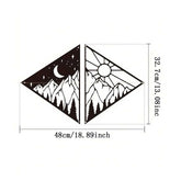 Product dimensions of metal solar system wall art with mountain, moon, and sun design for home decor