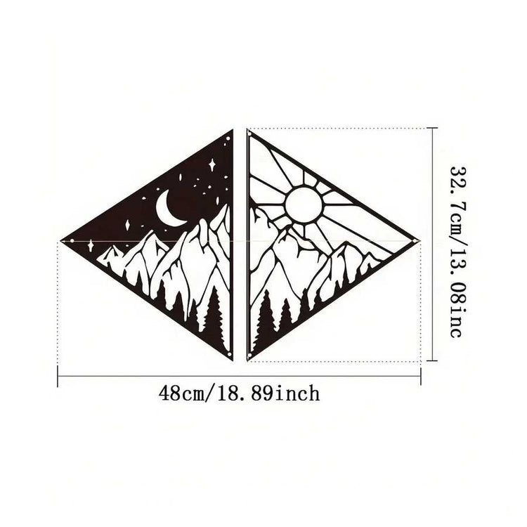 Product dimensions of metal solar system wall art with mountain, moon, and sun design for home decor