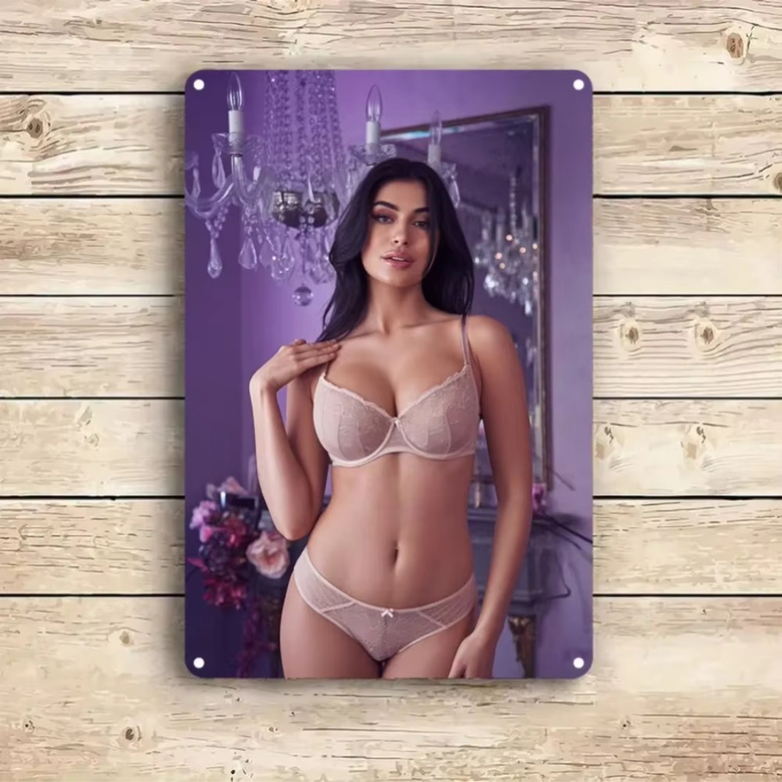 Vintage aluminum wall art with a model in lingerie displayed on a wooden wall. Adds a bold touch to home or man cave decor.