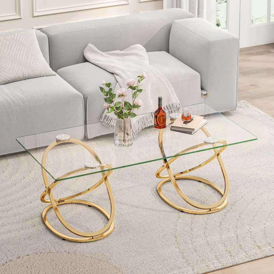 Modern Rectangle Glass Coffee Table with Ring-Shaped Frames Metal