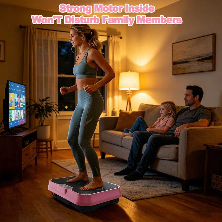 Woman using a vibration plate in a living room with family members watching TV.