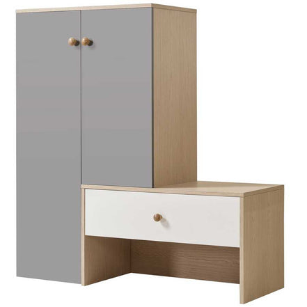 Angled view of the multi-functional shoe storage bench & cabinets with gray doors and white drawer, offering stylish storage.