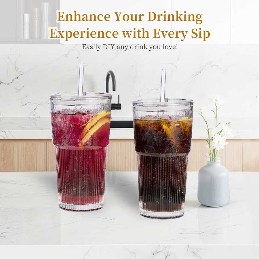 Glass water cups with straws in a kitchen setting for drinks like water, coffee, and smoothies