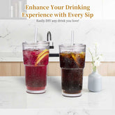Glass water cups with straws in a kitchen setting for drinks like water, coffee, and smoothies