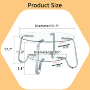 Product dimensions of Vintage Metal Frame Glass Coffee Table 31.5'' with labeled measurements and structural details.