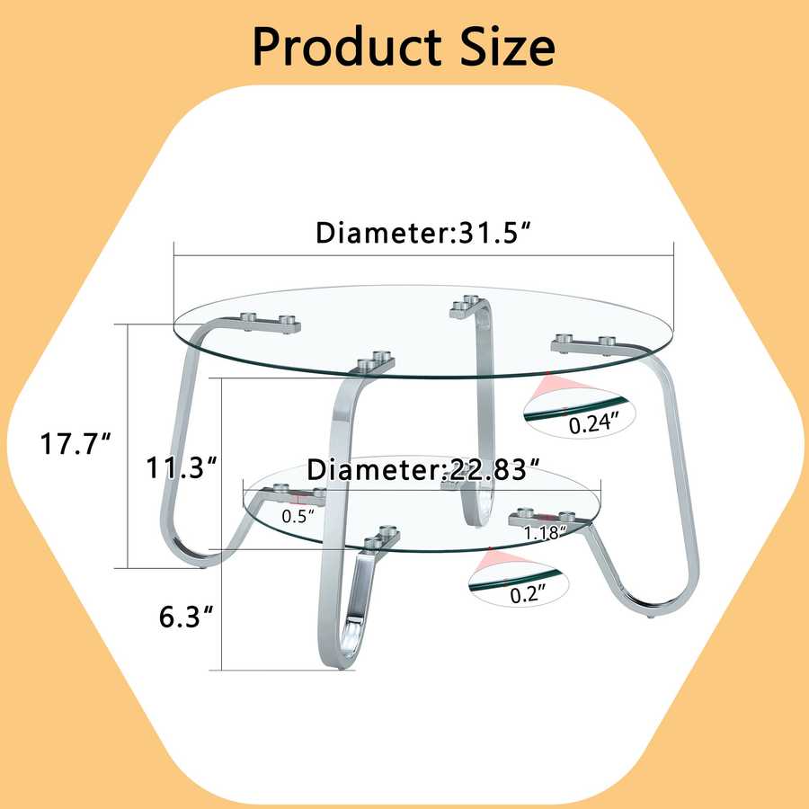 Product dimensions of Vintage Metal Frame Glass Coffee Table 31.5'' with labeled measurements and structural details.