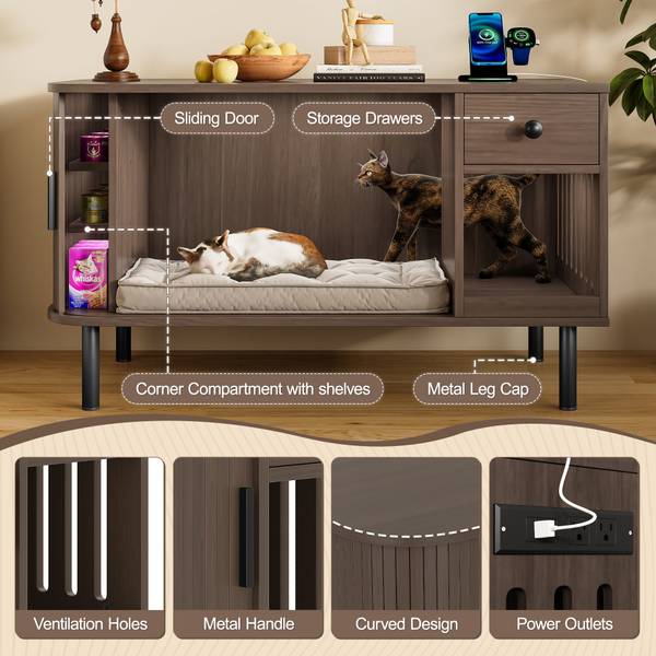 Labeled features of cat litter box enclosure including sliding door, storage drawers, ventilation holes, and metal legs.