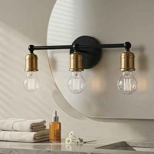 Bathroom vanity light fixture with three bulbs on a mirror background