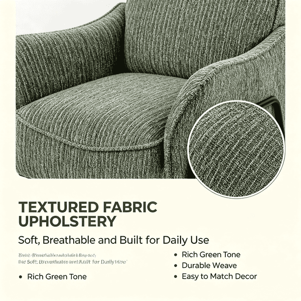 A close-up of a textured upholstered armchair in a rich green tone, with a circular fabric detail inset and marketing text below reading &