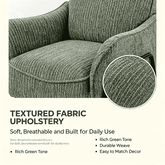 A close-up of a textured upholstered armchair in a rich green tone, with a circular fabric detail inset and marketing text below reading &