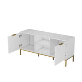 White TV stand with wave-design doors, gold handles, and gold legs, featuring open storage and a mounted TV on a blue wall.