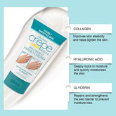 Crepe de Chine hand cream tube with ingredients listed on a light blue background