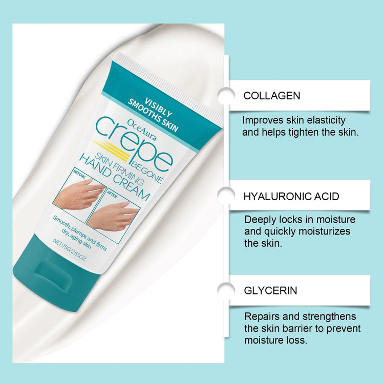 Crepe de Chine hand cream tube with ingredients listed on a light blue background