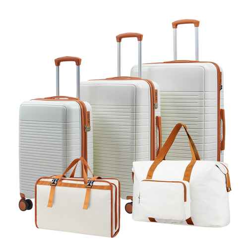 Set of white and orange 5-piece luggage with TSA lock, including three suitcases and two travel bags, with silent spinner wheels