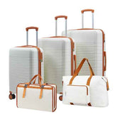Set of white and orange 5-piece luggage with TSA lock, including three suitcases and two travel bags, with silent spinner wheels
