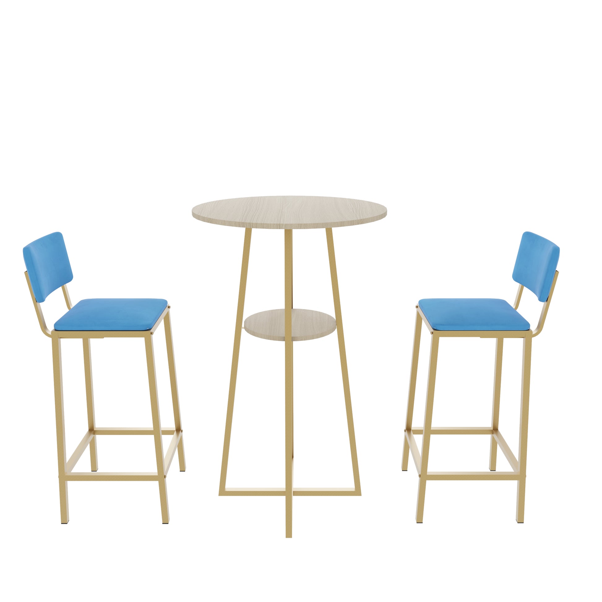 Bar Table and Chairs Set - Gold Frame, Storage Function | Dining Set for 2 featuring a circular table and matching blue cushioned stools.