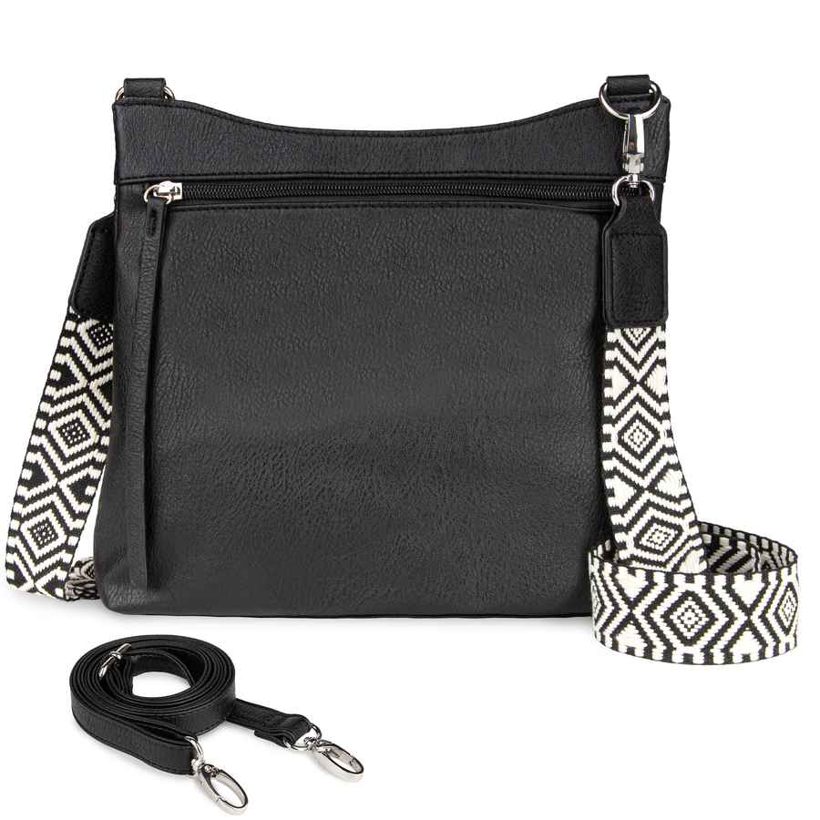 Black handbag with a patterned strap on a white background