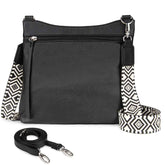 Black handbag with a patterned strap on a white background