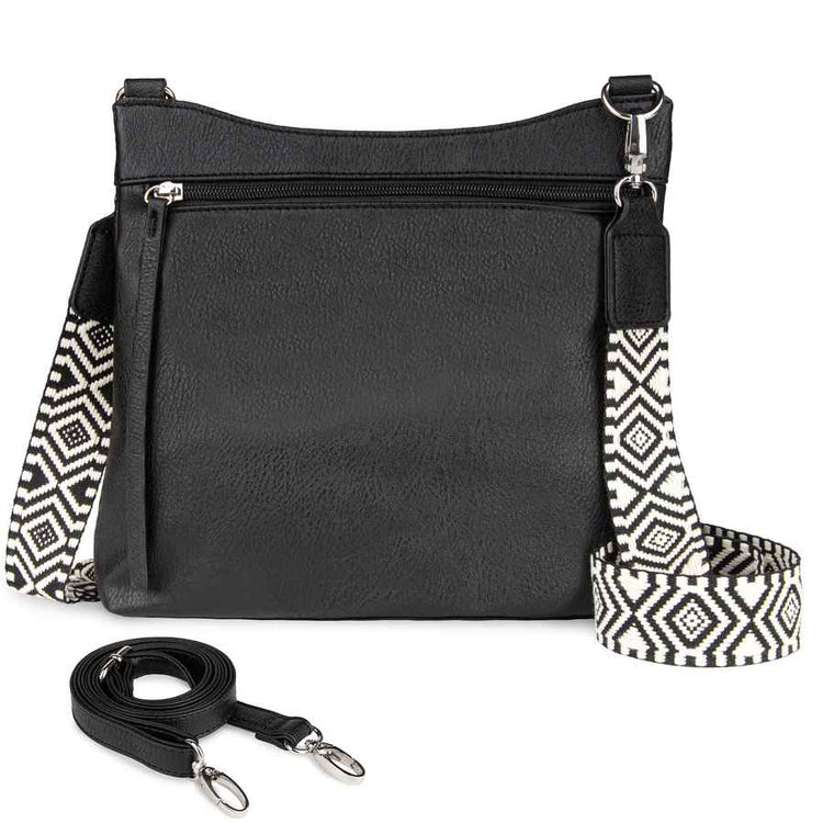 Black handbag with a patterned strap on a white background