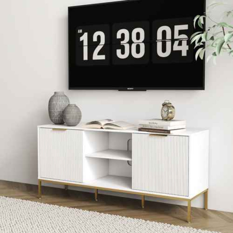 Close-up of the modern TV stand with wave-design doors, showing its sleek black surface and storage compartments