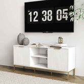 Close-up of the modern TV stand with wave-design doors, showing its sleek black surface and storage compartments