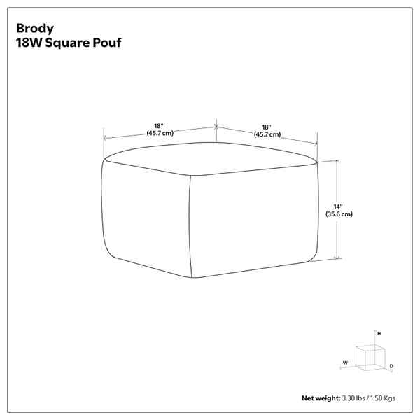 Technical drawing of Elmer 18W Square Pouf with dimensions on a white background