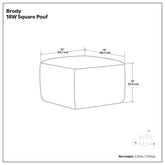 Technical drawing of Elmer 18W Square Pouf with dimensions on a white background