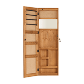 Back view of wooden jewelry armoire with mirror