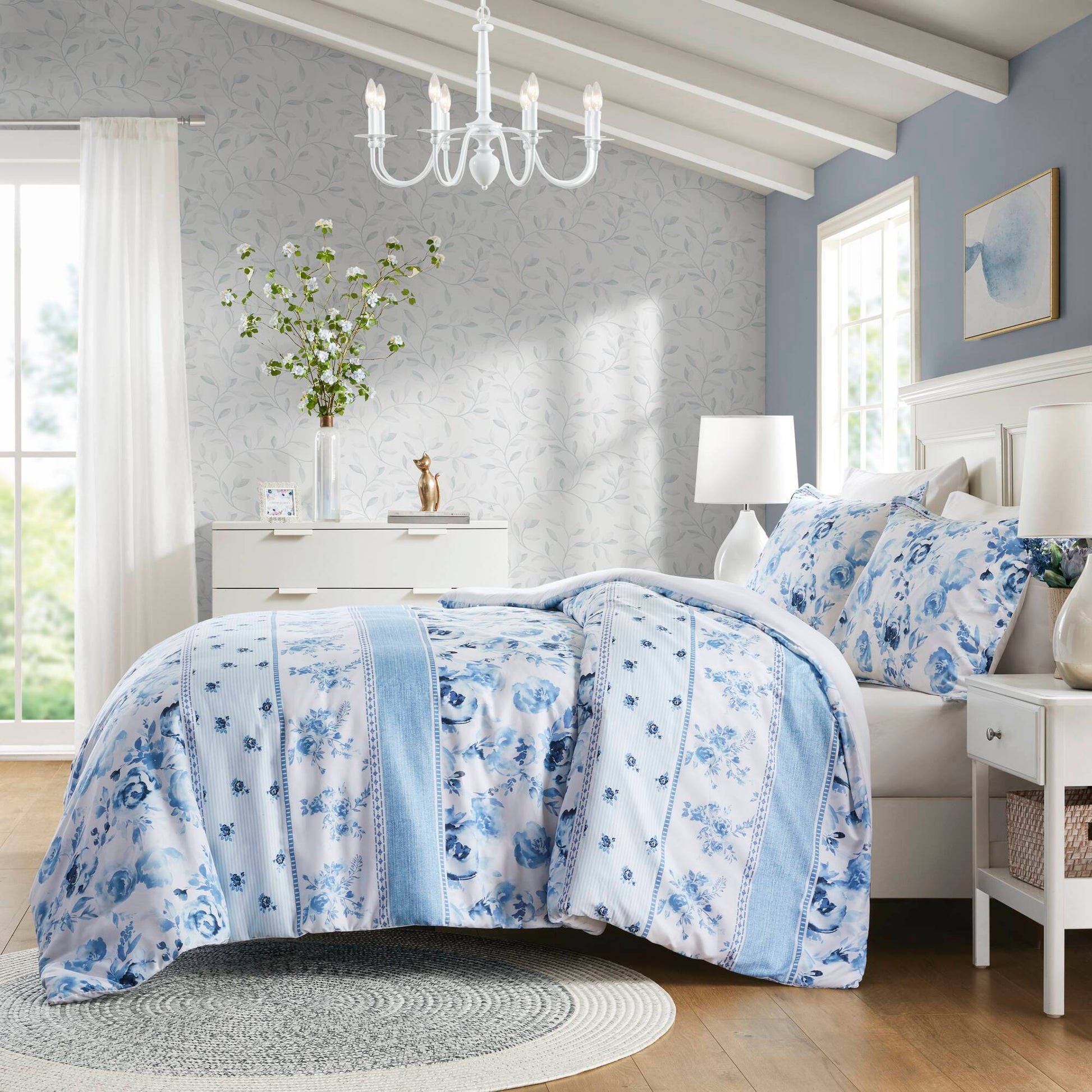 Twin Floral Striped Duvet Cover Set - Twin Duvet Cover Set Floral in a bright, elegant room with floral wallpaper and chandelier lighting.