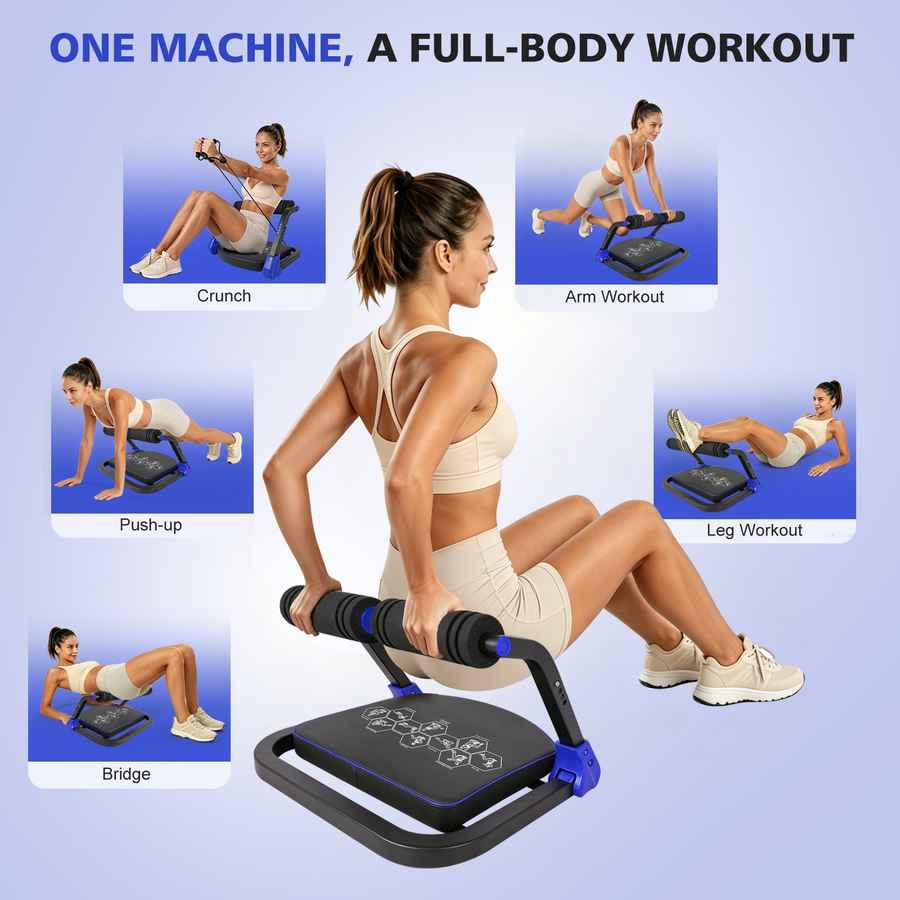Woman using a multi-function exercise machine with various workout illustrations on a blue background.