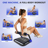 Woman using a multi-function exercise machine with various workout illustrations on a blue background.