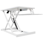 Rear angled view of adjustable standing laptop desk showing hydraulic lift system. Enhances posture and workspace flexibility.