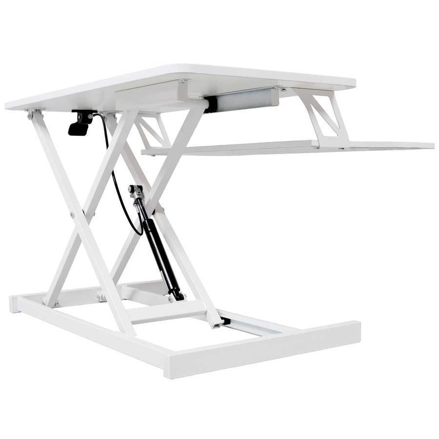 Rear angled view of adjustable standing laptop desk showing hydraulic lift system. Enhances posture and workspace flexibility.