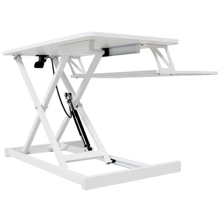 Rear angled view of adjustable standing laptop desk showing hydraulic lift system. Enhances posture and workspace flexibility.