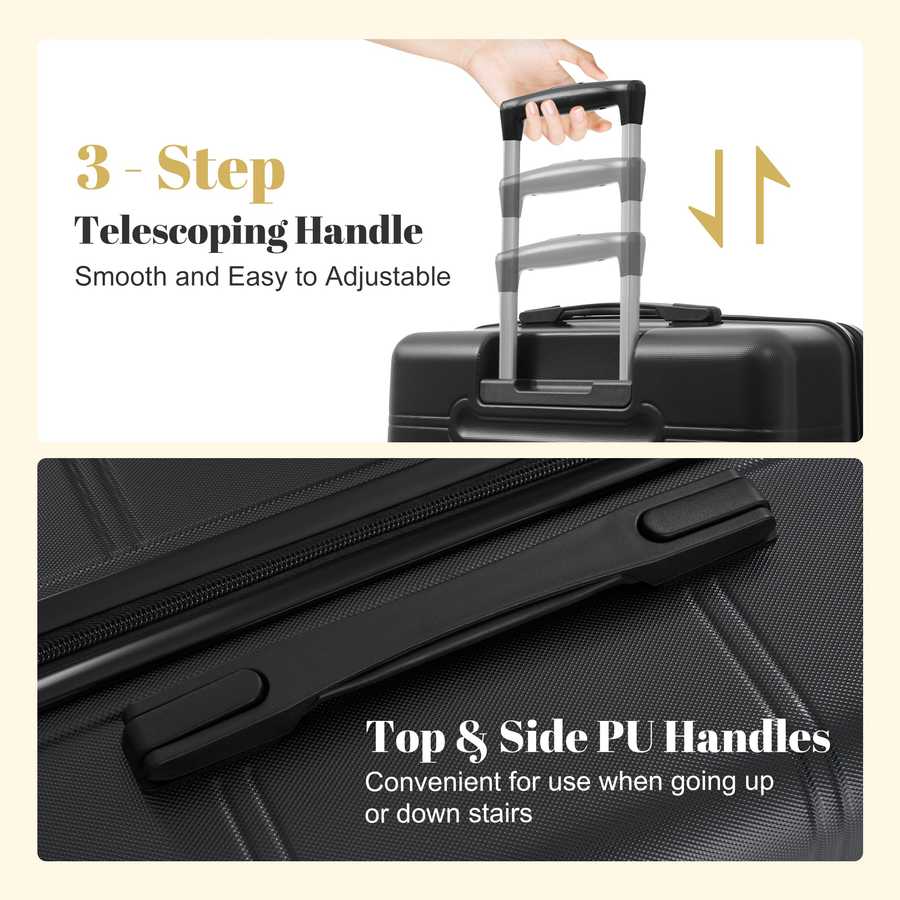 Black suitcase with adjustable handle and text on a beige background