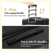 Black suitcase with adjustable handle and text on a beige background