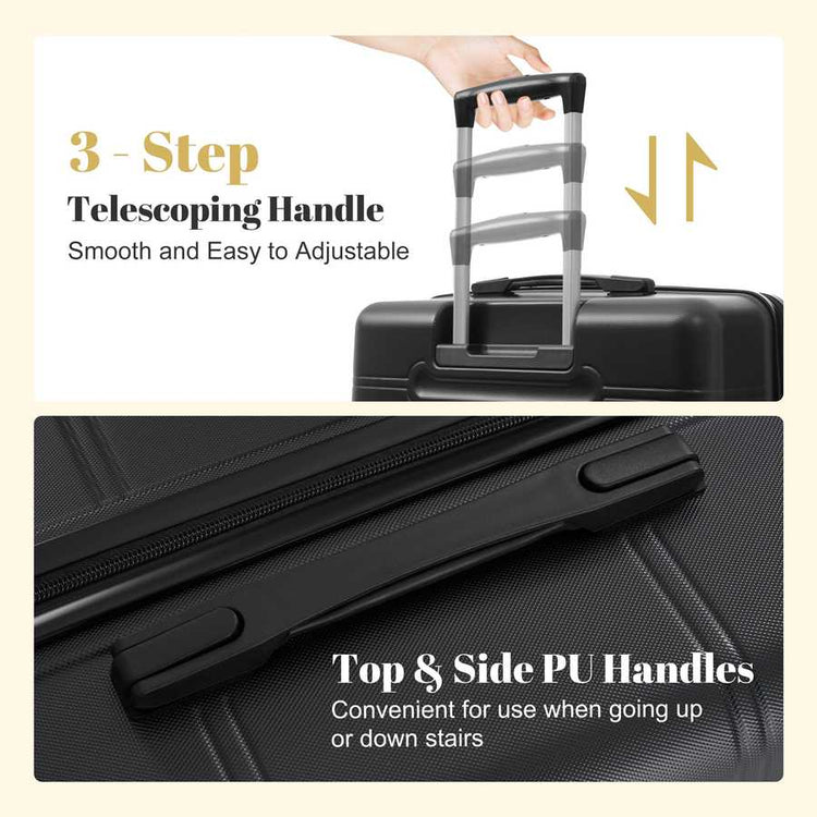 Black suitcase with adjustable handle and text on a beige background