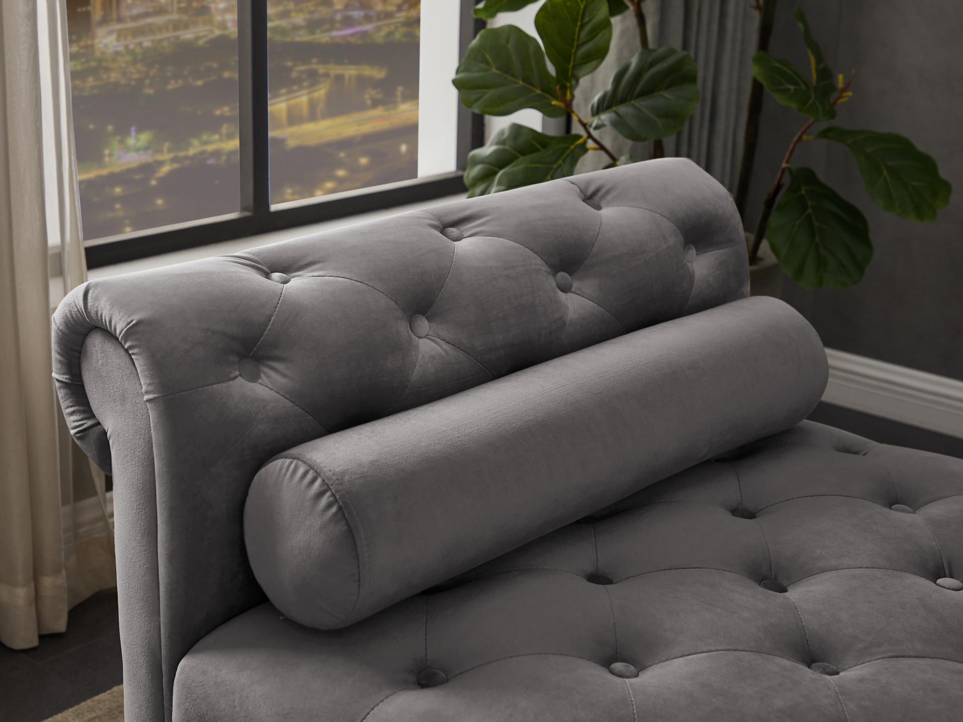 Dark Grey, Solid Wood Legs Velvet Rectangular Sofa Bench with Attached Cylindrical Pillows MLNshops]