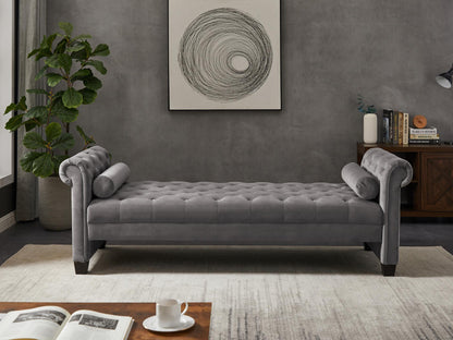 Dark Grey, Solid Wood Legs Velvet Rectangular Sofa Bench with Attached Cylindrical Pillows MLNshops]