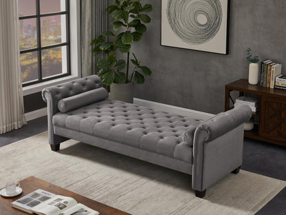 Dark Grey, Solid Wood Legs Velvet Rectangular Sofa Bench with Attached Cylindrical Pillows MLNshops]