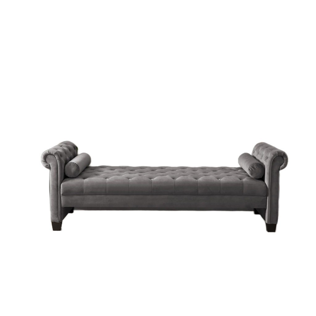 Dark Grey, Solid Wood Legs Velvet Rectangular Sofa Bench with Attached Cylindrical Pillows MLNshops]